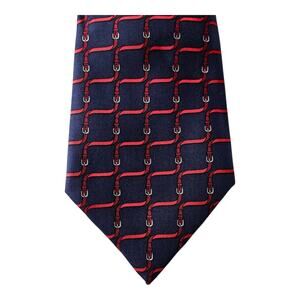 HERMES Paris 100% Silk Tie Navy Blue Red Buckle Pattern Classic 54 x 3.25"